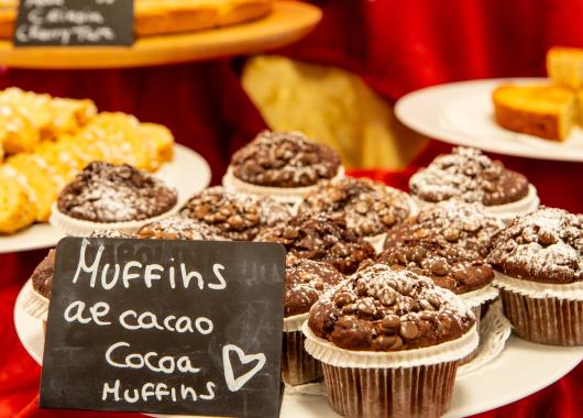 Cocoa muffins with chocolate chips and powdered sugar.