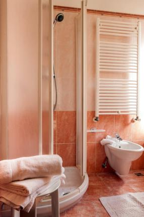 Bathroom with shower, bidet, and towels on a stool.