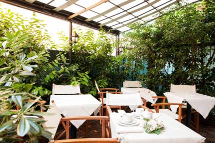 Garden with set tables, white chairs, and green plants.