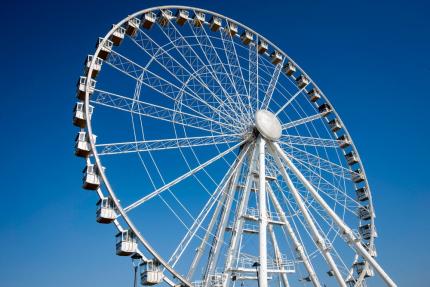 Large white Ferris wheel against a blue sky.