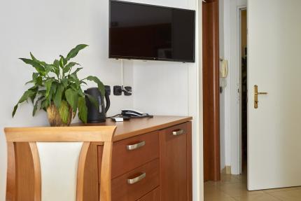 Interior with TV, plant, and kettle on wooden cabinet.