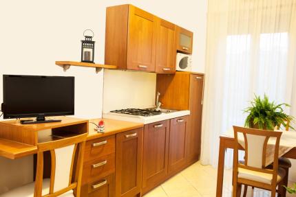 Modern kitchen with wooden cabinets, TV, and decorative plant.