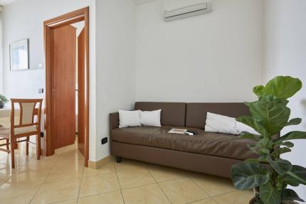 Living room with brown sofa, plant, and air conditioner.