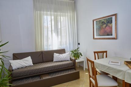 Bright living room with sofa, table, and decorative plant.