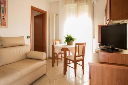 Bright living room with sofa, table, plant, and TV.