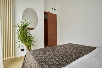 Minimalist room with bed, plant, and oval mirror.