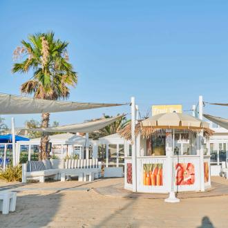 Bar sulla spiaggia con palme e sedute, atmosfera estiva.