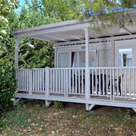 Mobile home with a porch surrounded by greenery.