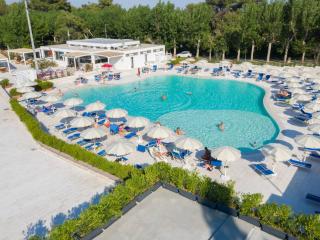 Outdoor pool with sunbeds and umbrellas, surrounded by green trees.