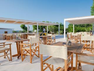 Terrasse extérieure avec tables et chaises en bois, environnement paisible et ensoleillé.