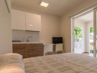 Modern room with kitchenette and terrace.