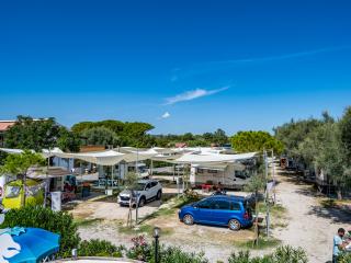 Campsite with caravans and cars under the sun, trees around.
