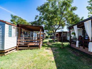 Mobile homes in a campsite with porch and garden.