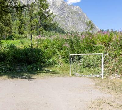 Campo da calcio in montagna con porta e vegetazione.