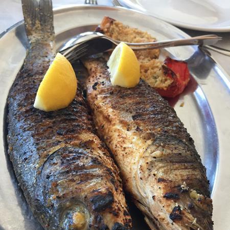 Two grilled fish with lemon wedges on a plate.