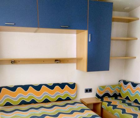 Room with single beds, blue cabinets, and colorful bed linens.