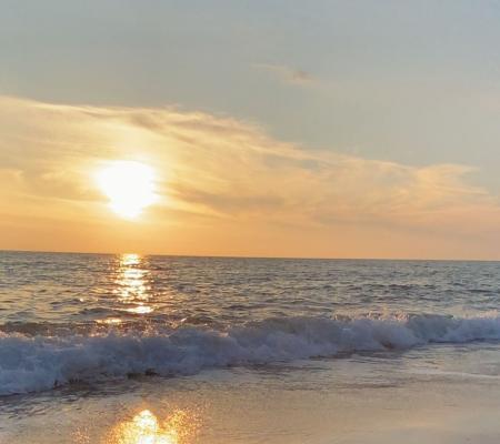 Sonnenuntergang am Meer mit einer Schildkröte am Strand.