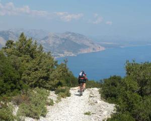 Ciclista su sentiero montano con vista mare e montagne.