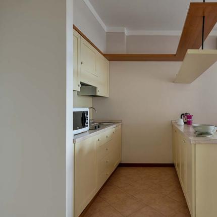 Modern kitchen with dining table, plates, flowers, appliances, and air conditioning.