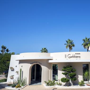 Hotel Il Gabbiano con palme e cielo azzurro.