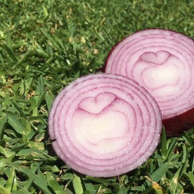 Cipolla rossa tagliata a metà con cuore visibile.