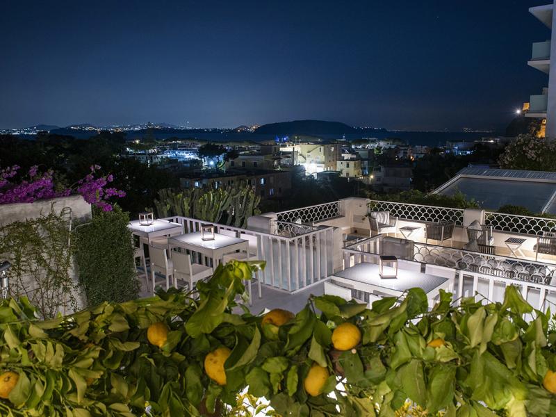 Elegant terrace with night city view and lemons in the foreground.