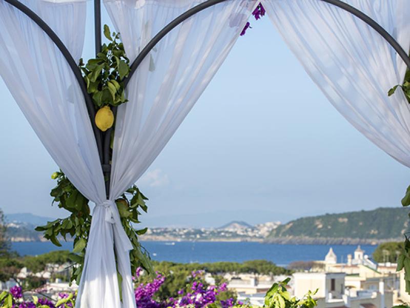 Table with lemons and blue hydrangeas, sea view.