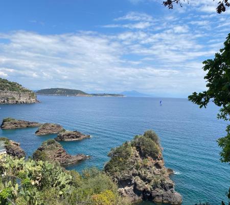 Blue sea, green cliffs, and clear sky evoke peace and freedom.