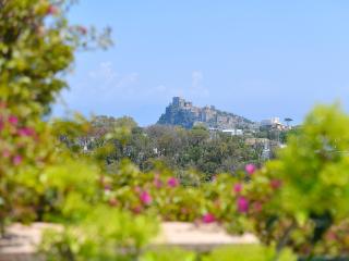 Castello su collina, circondato da verde e fiori colorati, sotto un cielo azzurro.
