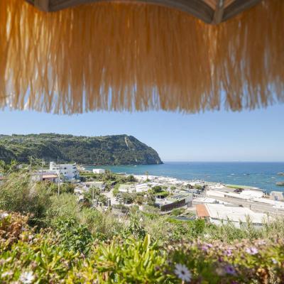Coastal view with blue sea, lush greenery, and clear sky.