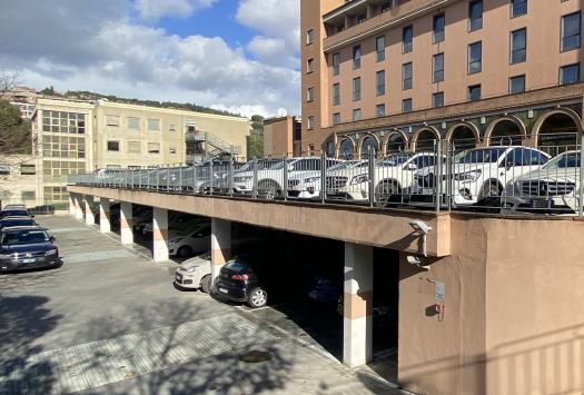 Sonniger Parkplatz mit weißen Autos und modernem Gebäude.