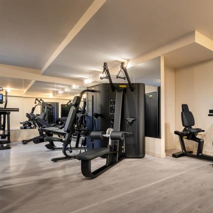 Modern gym with equipment, exercise bike, fitness balls, and decorative plants.