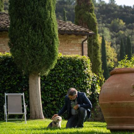 Uomo accarezza un cane in giardino con cipressi.