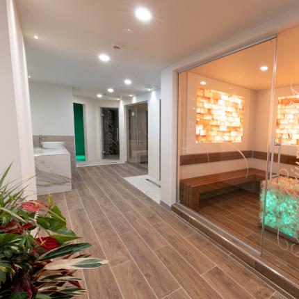 Spa elegante con sauna luminosa e piante rigogliose, atmosfera rilassante.