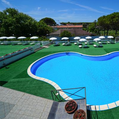 Piscina a forma di cuore con ombrelloni e lettini su prato verde.