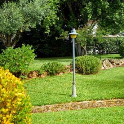 Giardino verde con lampione e cespugli ben curati.