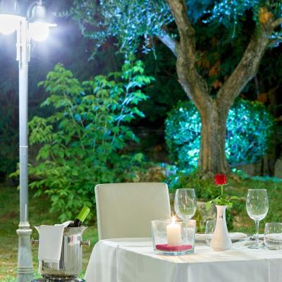 Cena romantica all'aperto con candela e fiore.