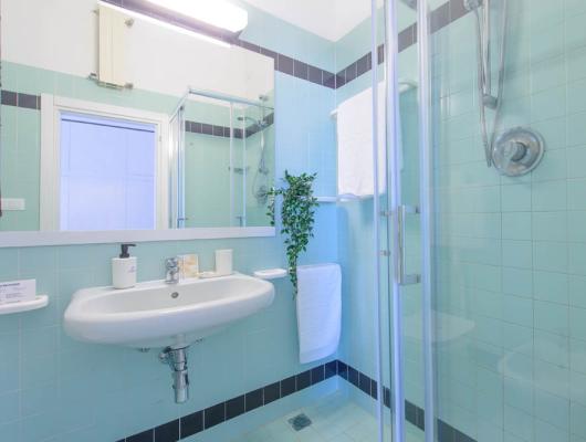 Bright bathroom with blue tiles, modern shower, and decorative plant.