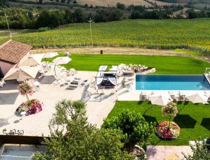 Piscina con area relax immersa nel verde della campagna.