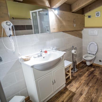 Bagno moderno con doccia, lavabo, WC, bidet e pavimento in legno.