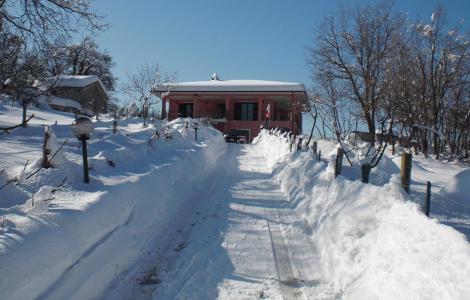 Casa rosa innevata con vialetto pulito e cielo azzurro.