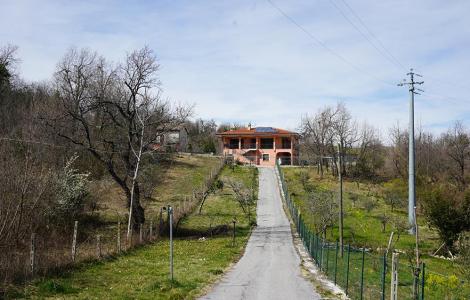 Casa su collina con strada e alberi spogli.