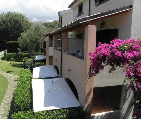 Giardino con ombrelloni bianchi e fiori rosa accanto a un edificio.