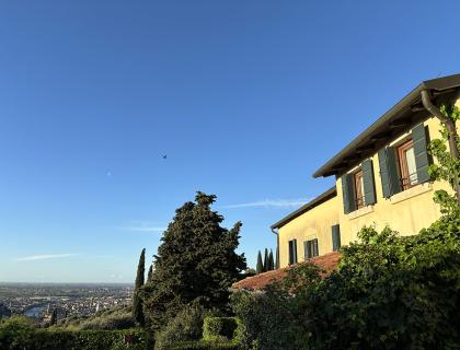 Vista panoramica con casa, alberi e cielo limpido.