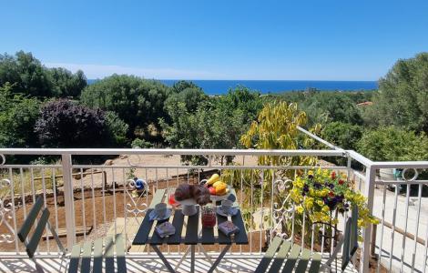 Colazione soleggiata su terrazza, vista mare e natura rigogliosa.