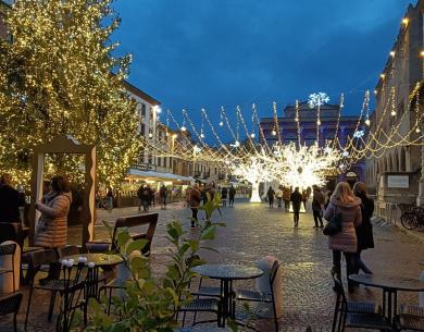 Strada decorata con luci natalizie e grande albero illuminato.