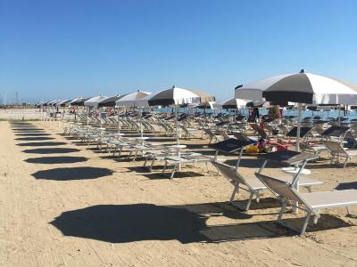 Spiaggia serena, ombrelloni allineati, mare calmo sotto un cielo azzurro.