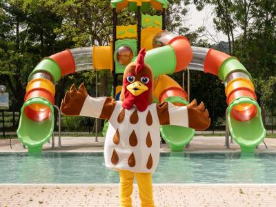 Mascotte di gallo davanti a scivoli colorati in un parco acquatico.