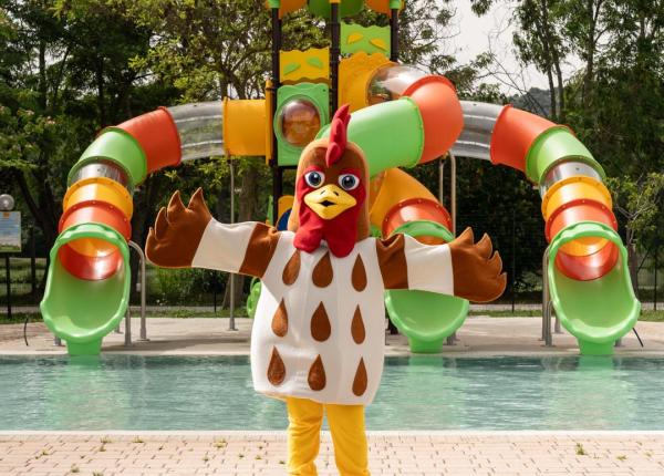 Mascotte di gallo davanti a scivoli colorati in un parco acquatico.