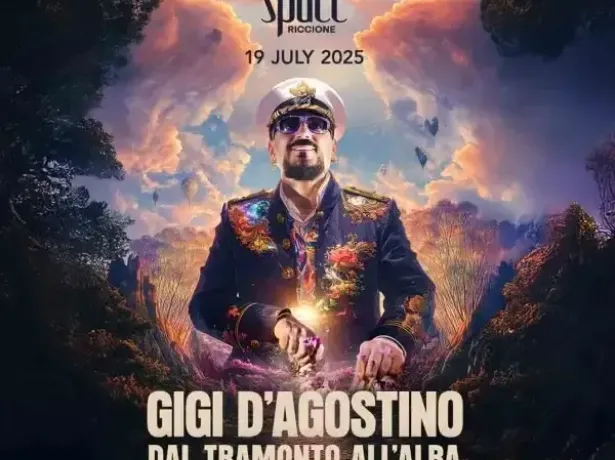 Affiche colorée pour concert captivant de Gigi D'Agostino à Riccione, juillet 2025.